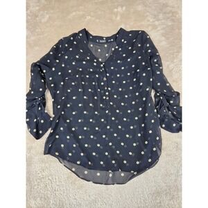 a.n.a Petite Black Star‎ Print Sheer Chiffon V-Neck Blouse Bell Sleeve PL